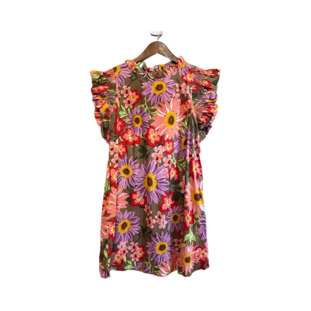 Jodifl Floral Ruffle Mini Dress Womens Small Brown Pink Excellent Flutter Sleeve